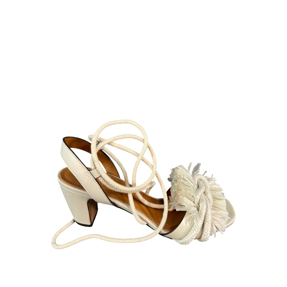 Tory Burch White Leather Rope Raffia Fringe Lace Up Block Heel Sandals 7.5M